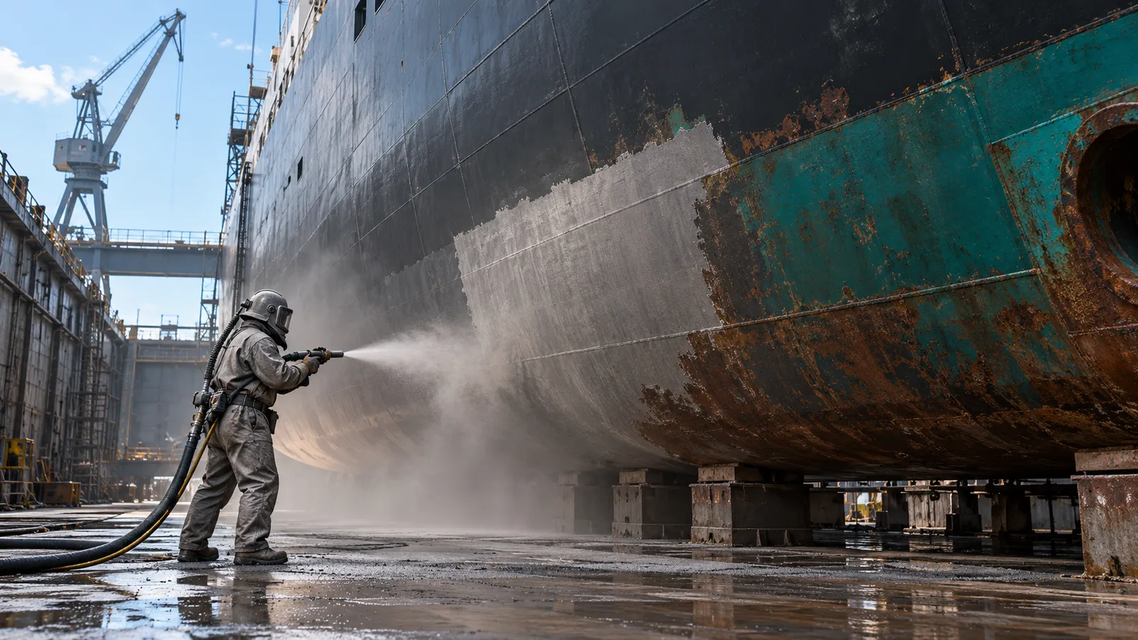 Abrasive blasting of a ship hull in dry dock